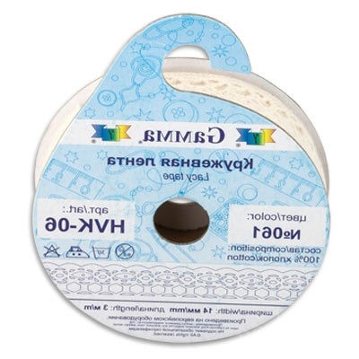 Тесьма декоративная "Gamma" кружевная HVK-06 ФАСОВКА 14 мм 5 х 3 м №142 св.фиолетовый