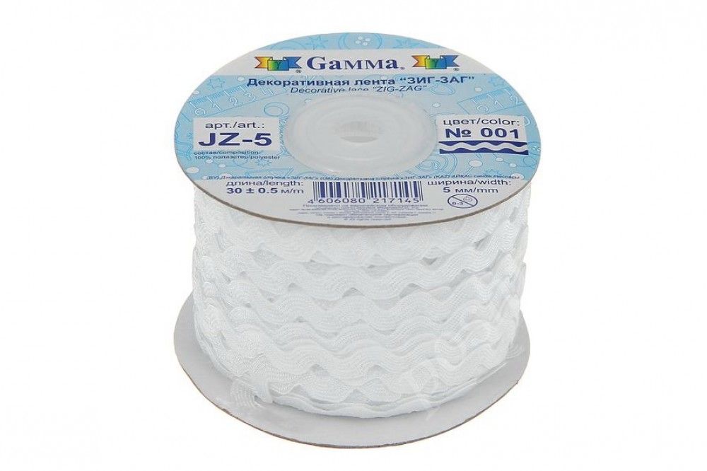 Тесьма отделочная "Gamma" "ЗИГ-ЗАГ" 5 мм, №001 белый, 1м.