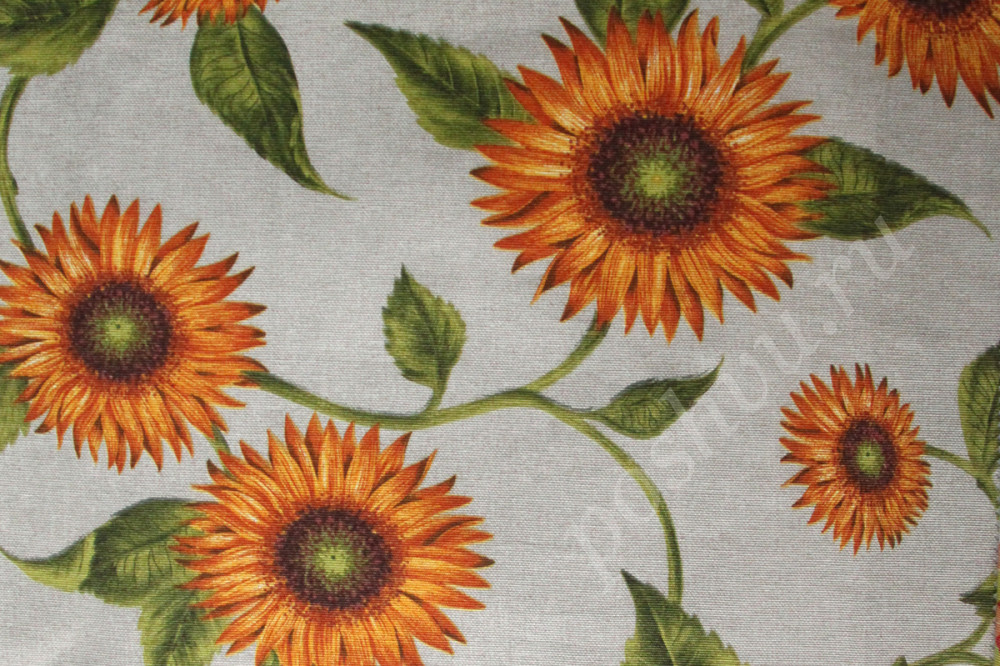 Ткань для штор GIRASOLES подсолнухи на сером фоне